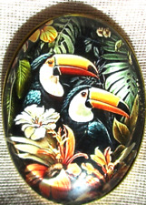 XL GLASS DOME BUTTON -  PAIR OF TOUCAN BIRDS AMONG TROPICAL PLANTS AND FLOWERS picture