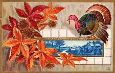 Thanksgiving Greetings Turkey Fall Leaves Farm Embossed Vintage Postcard C1913 picture