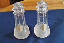 LENOX Crystal Glass Lighthouse Salt & Pepper Shakers Frosted Waves Base picture