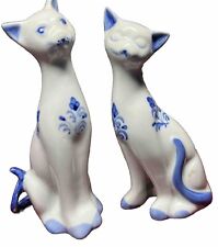 Vintage Andrea By Sadek Smiling Cats Blue White Porcelain Pair READ picture