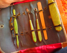 5 pc Antique Leather  Nail File Travel Grooming Kit Celluloid Green Bakelite picture