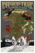 Iditarod Trail Sled Dog Race Alaska Anchorage Nome AK Map Husky, Modern Postcard picture