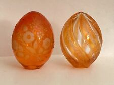 2 Beautiful Vintage CUT GLASS EGGS Russian/Russia ETCHED FLOWERS Red & Orange 4” picture