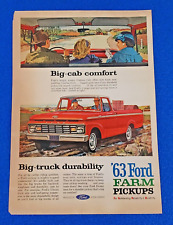 1963 FORD FARM PICKUP TRUCK BIG-CAB ORIGINAL COLOR PRINT AD SHIPS FREE (LOT RED) picture