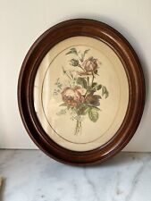 Antique Victorian Oval Walnut Wall Frame Print Florals 14”x12” picture