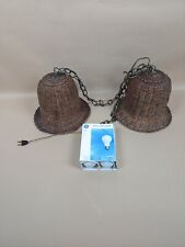 Vintage Pair Wicker Rattan Hanging Shade Lamp Light MCM Woven WORKING picture