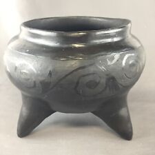 Vintage / Antique Old Black 3 Leg Round Pottery Geometric Design Planter Pot picture