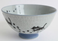 Mino ware Japanese Ceramics Rice Bowl Black Cats & Footprints Blue Crackled  picture