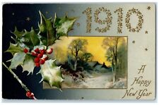 1910 New Year Holly Berries House Winter Scene Winsch Back Embossed Postcard picture