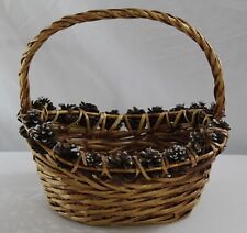 Vintage Woven Wicker Forest Basket Pinecone Edging Single Handle Medium picture