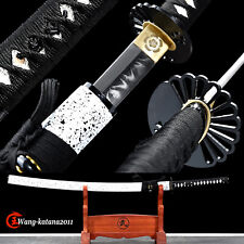 40''Black&White Katana Clay Tempered T10 Japanese Samurai Functional Sharp Sword picture