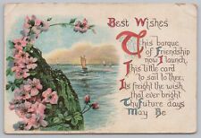 Greetings~Best Wishes~Sailing on Sea~Wild Roses~Vintage Postcard picture