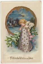 1919 Embossed Gilt German Christmas PC Angel in snow under moonlight picture