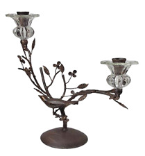 Vintage Brass Candelabra Bird Branch Two Floral Clear Glass Candleholder 11