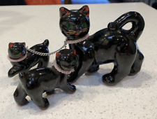 Vintage Redware Black Cat & 2 Kittens Figurine Green Eyes Red Ears w chain picture