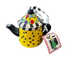 Mary Engelbreit Teapot Ornament Yellow & Multicolor Stamped ME Polka Dots picture