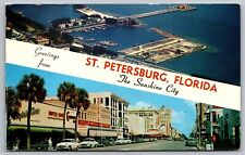Greetings Saint Petersburg Florida Multi View Ocean Pier Old Cars Palms Postcard picture
