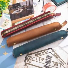 Handmade Cowhide Leather Vintage Zipper Pencil Case mini Single Pen Bag picture