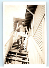 Vintage Photo 1947 Post WW2 Daytona Honeymoon, Shirtless Pose on Stairs ,3.5x2.5 picture