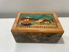 Vintage Japanese  Puzzle Box w/ Inlaid & Wood Mt Fuji & Fish & Flower Motifs picture