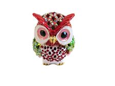 1 Bejeweled Box Red Little Owl Hinged Metal Enameled Crystal Trinket Box picture