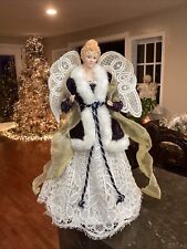 Christmas Angel  Tree Topper 17”  Victorian White Gold  Lace Gown Crochet Wings picture