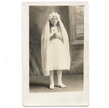 Vintage Girl Communion Photo Portrait White Dress Veil Church Prayers C1929 RPPC picture