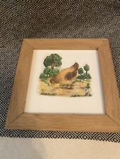 Vintage framed hanging tile made in Mexico, mother hen with five small chicks picture