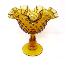 Vintage Amber Glass Hobnail Ruffle Edge Compote Footed Pedestal Bowl Candy Dish picture