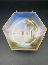 Antique Noritake Morimura Hexagonal Hand-Painted Bowl, Sailboats, 3-Footed, Gold picture