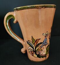 Beautiful Old Handmade Mexican Pottery Clay Large Mug Pictorial EXC picture
