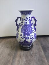 Vintage Blue & White Double Handle Vase Asian Floral Pre-Owned Good Condition picture