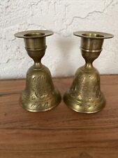 Vintage Pair Brass Bell Candle Holders Etched Flowers Leaves India picture