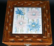 Vintage Mexican Ceramic Tile Hand Carved Wood Jewelry Trinket Box 1970s Floral picture