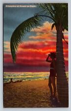 Silhouettes At Sunset In Florida Vintage Posted 1956 Postcard Girl On Beach picture