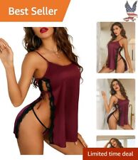 Sultry Deep Wine Red Satin Lace Babydoll Nightwear - Seductive - Versatile picture