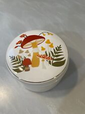 small round white ceramic trinket box with mushrooms picture