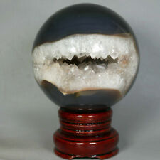 1.97lb Natural Agate Geode Quartz Crystal Cluster Sphere Ball Healing/Stand 86mm picture