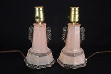 Two Matching Vintage Pink Glass Boudoir Lamps Nightstand Table Lights Art Deco picture