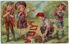 Antique 1909 Postcard July 4th Holiday Celebration Children Fireworks Embossed picture