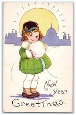 c1910's New Year Greetings Cute Girl Handwarmer Sun Embossed Antique Postcard picture