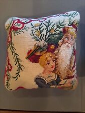 Finished Vintage Wool Needlework victorian Santa Claus throw Pillow 9x9 small picture