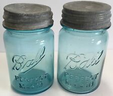 Two Vintage Blue Ball Pint Perfect Mason Jars with Ball Zinc Lids Both #2 Jars picture