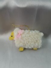 Sheep/Lamb Wooden Ornament Fluffy White Sherpa with Pink Bow Painted Wood picture