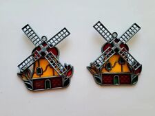 Vintage Pair Set Bright Vibrant Stained Glass Metal Hanging Windmill Suncatchers picture