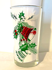 MCM Vintage HAZEL ATLAS Beverage Glass CHRISTMAS BELLS HOLLY 11 Ounces BARWARE picture