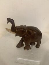 Vntg Elephant Figurine Wooden Handmade 1970 Trunk Up White Tusk Rare See Photos picture