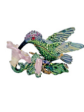 VTG BEJEWELED ENAMELED HUMMINGBIRD WITH FLOWER TRINKET BOX HINGED BEAUTIFUL picture