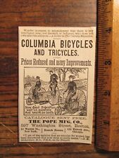 Antique Vintage Ephemera Columbia Bicycles Triycles Print Ad Pope Mfg picture