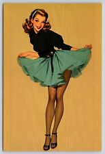 Postcard Cute Blonde Female Pinup in Blue Ruffled Skirt and Top Stockings picture